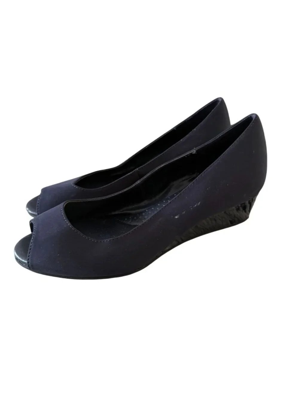 BANDOLINO Navy Fabric Peeptoe Wedges Size 7.5W